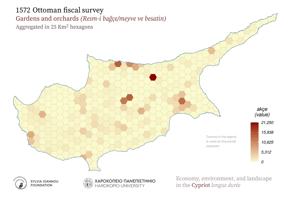 1572, Gardens and orchards, Aggregated in 25 sq.km hexagons