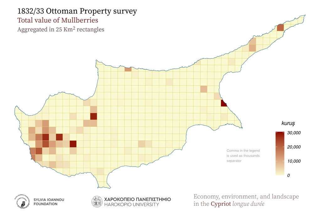 1833, Mullberries, Aggregated in 25 sq.km rectangles