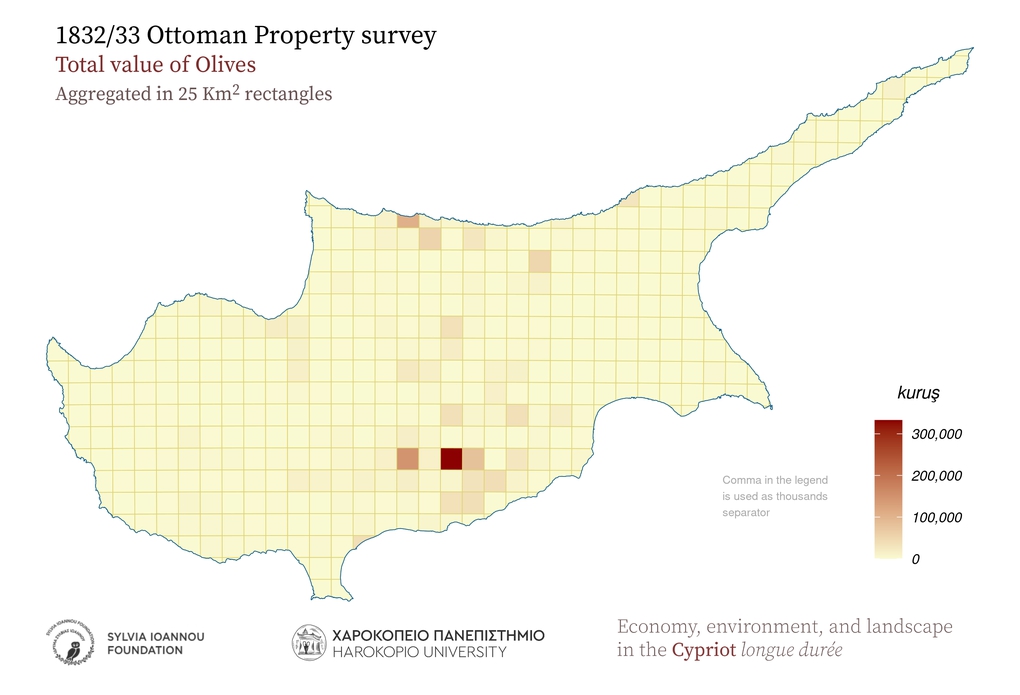 1833, Olives, Aggregated in 25 sq.km rectangles