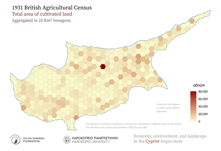 1931, Cultivated land, Aggregated in 25 sq.km hexagons
